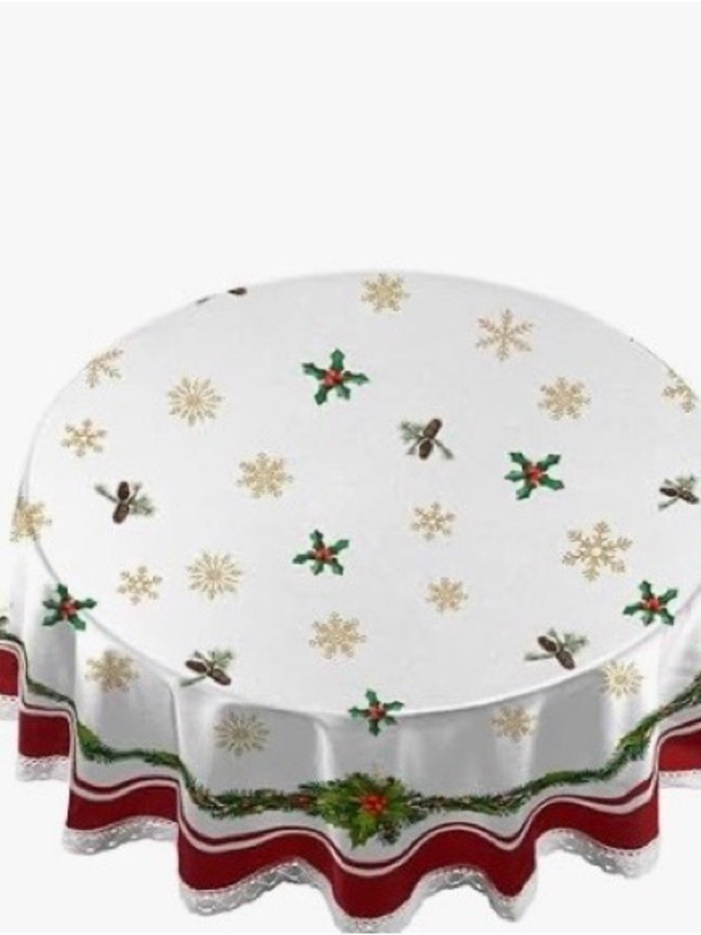 Round White Holiday Tablecloth with Holly & Gold Snowflakes. 60” Round